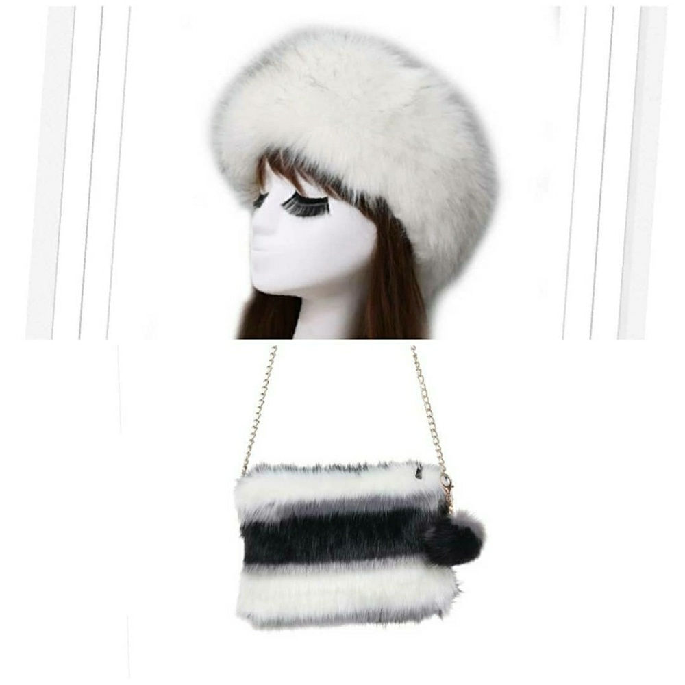 Fur Head Band & Fur Purse Set White/Black